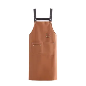 Waterproof Oilproof PU Leather Apron Kitchen Chef Cooking Bib Work Apron with Pockets