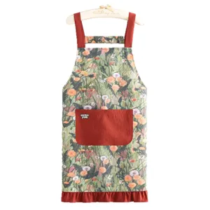 Tablier de cuisine en coton à motif floral avec poche rouge et volants pour cuisiner