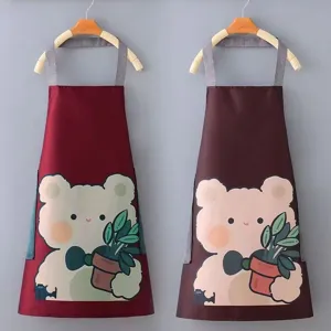 Waterproof Oil-Proof Kitchen Apron Cute Cartoon Bear Pattern Cooking Bib with Pockets Wipe Hands Apron for Women Home Kitchen