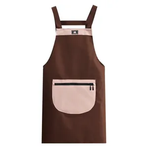 Tablier de cuisine imperméable avec poche zippée, marron rose vêtements de travail.
