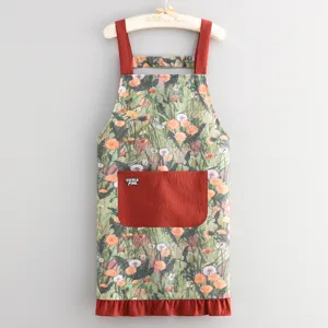 Tablier de cuisine en coton de bambou floral peinture à l'huile avec poche et volant élégant.