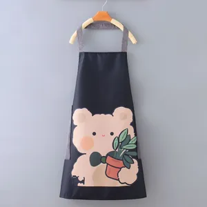 Durable waterproof kitchen apron with cute cartoon bear plant print, ideal for home cooking use.