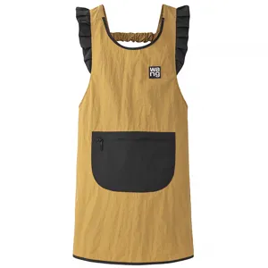 Waterproof stylish kitchen apron with black ruffles, pockets, and durable fabric for daily use.