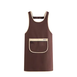 Brown kitchen apron with zipper pocket, stylish cross back work apron for women cooking baking.
