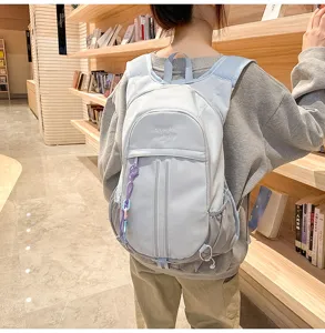 Casual canvas backpack for women and men, large capacity travel school bookbag light blue