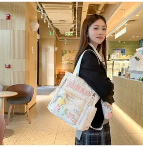 Casual canvas tote bag stylish student shoulder bag with cute plush stars and pockets