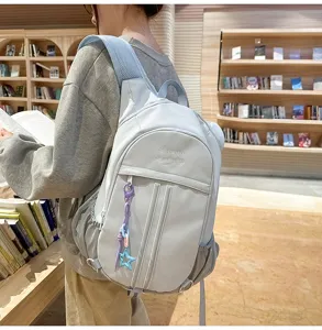 Detailed showcase of the casual backpack highlighting durable fabric, straps, and cute star pendant.