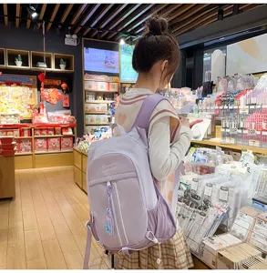 Detailed view of the casual lavender minimalist sporty backpack, showing side and back wear style.