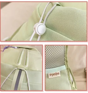Detailed view of lightweight mint green backpack, breathable mesh fabric, adjustable drawstring.