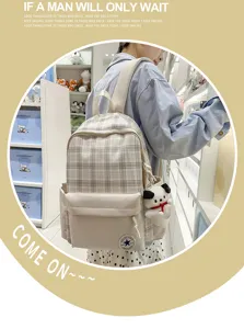Mochila escolar de cuadros elegante para estudiantes, mochila de viaje casual ligera con bolsillo.