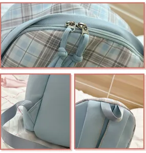 Primer plano que muestra los detalles de la cremallera, la correa y el asa de la mochila.