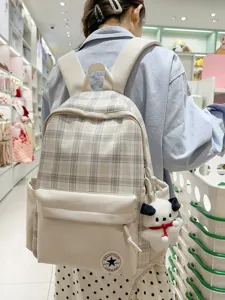 Mochila escolar a cuadros beige con lindo dije de perrito ligera bolsa de viaje casual