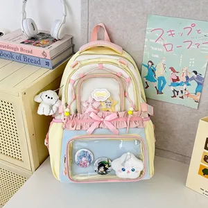 Sac à dos ita japonais à volants pastel avec fenêtre transparente pour usage quotidien.