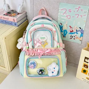 Sac à dos ita pastel japonais mignon sac d'école lolita doux avec fenêtre transparente pour les pins.