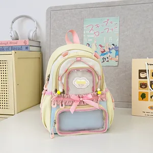Sac à dos Ita de style japonais avec fenêtre transparente, jolis volants et nœud, tons pastel.