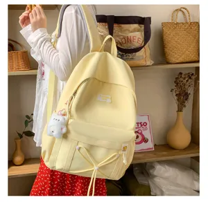 Japanese style candy color student backpack sweet canvas school bag with bear pendant detail