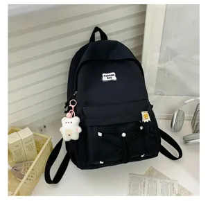 Black Korean Style Canvas Student Backpack with Bear Pendant and Front Pocket Design SKU