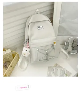 Japanese style sweet casual school backpack for students with cute bear pendant and cords.