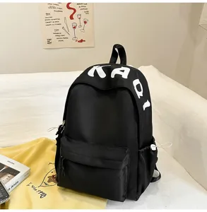 Casual black backpack with white letters, stylish daily school bookbag for women and teens.