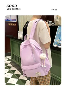 Korean style canvas school backpack for teen girls, light purple cute book bag with pendant.