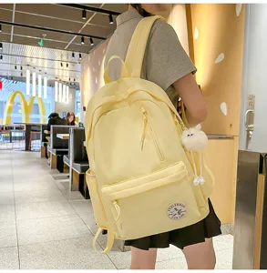 Korean style cute canvas school backpack for teen girls casual light yellow daypack