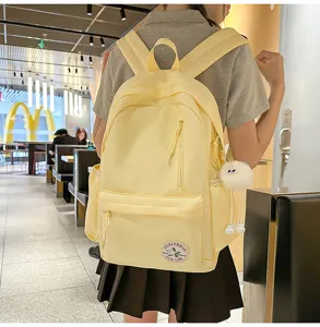 Korean style INS casual canvas backpack for women school bookbag light yellow daypack