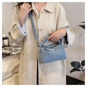 Women's denim pleated handbag and crossbody bag with stylish gathered handle for daily casual wear.