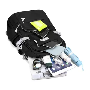 Grande zaino nero scolastico con scomparti multipli e design impermeabile per viaggi.