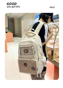 Casual large capacity canvas backpack for women school cute ita bag with transparent front pocket