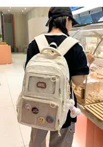Sweet style large capacity student backpack with transparent window and cute badges for daily use