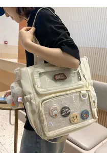Japanese style canvas tote bag transparent pain bag large capacity shoulder bag with cute pins.