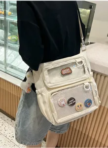 Japanese style casual messenger bag clear window canvas crossbody bag with badges and pendant