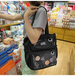 Japanese style canvas tote bag with clear window big capacity school shoulder bag for girls