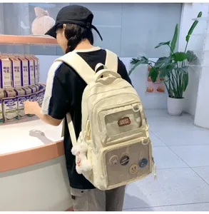 Campus style canvas backpack with clear window and cute patches, casual large capacity.
