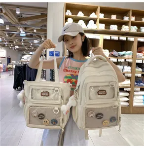 Cute canvas ita backpack and tote set with clear window, large capacity school bag for girls.