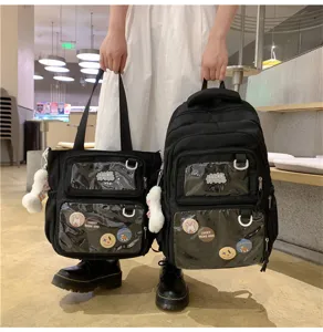 Black canvas ita backpack and tote set with clear pocket cute pins and plush pendant for students.