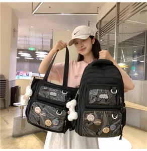 Black canvas ita backpack with transparent pocket cute school bag for student teens casual