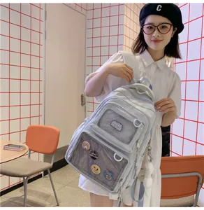 Casual large capacity student school bag with transparent ita window and cute badges.
