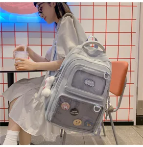 Japanese style large capacity blue student backpack with transparent window and cute badges.