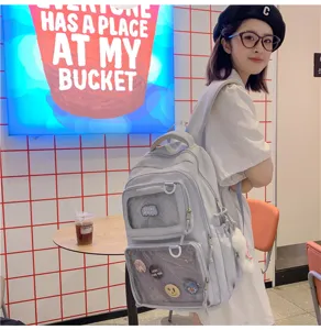 Detail view of the ins-style ita backpack with transparent windows and cute badges.