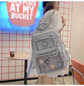 Casual grey canvas backpack with clear front pocket, cute ita bag for student daily use.