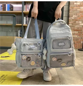 Detail shot of the light blue ita backpack and tote bag featuring transparent front display pockets.