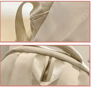 Backpack detail view showing sturdy straps and fine stitching, casual daily school style.