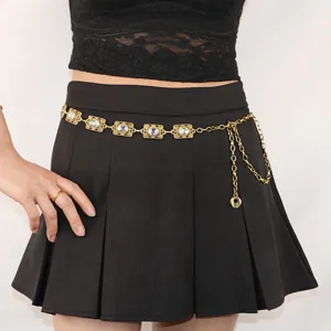 Vintage rhinestone metal waist chain for women, elegant ethnic style dress belt accessory.