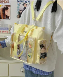 Japanese ins style campus ita bag transparent canvas backpack with clear pockets for anime merch.
