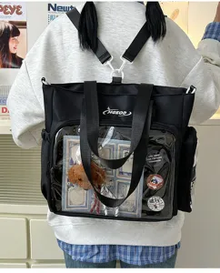 Black canvas transparent ita bag backpack for anime fans, multi-functional school daypack.