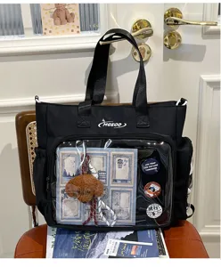 Japanese style campus ita bag black canvas tote with clear transparent pocket and cute plush pendant.