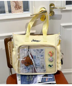 Cute yellow canvas ita bag clear window anime school tote shoulder crossbody bag for teens.