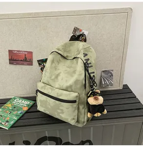 Vintage tie-dye canvas backpack with cute puppy pendant, casual large capacity rucksack
