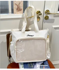 Japanese Ins style transparent ita bag, white canvas shoulder crossbody bag with clear display window.